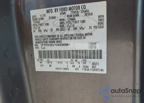 2010 Ford F-150 Fx4/Lariat/Xl/Xlt из США, поврежденный, VIN 1FTFX1EV7AKE80981